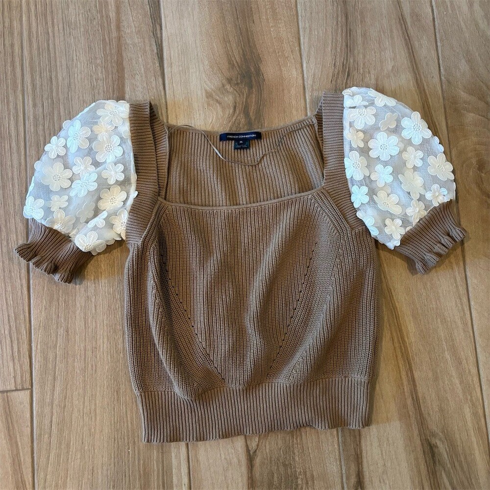 French Connection Sweater Womens XL Brown Ribbed Knit Lace Puff Sleeves